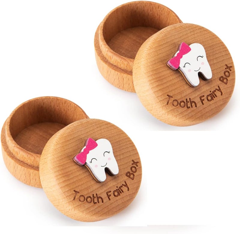 Malihome Tooth Fairy Box for Girls and Boys Wooden Cute Tooth Box with 3D Tooth, Lost Teeth Storage for Kids, Dropped Tooth Keepsake Box Gift (2pcs Pink) - Image 1